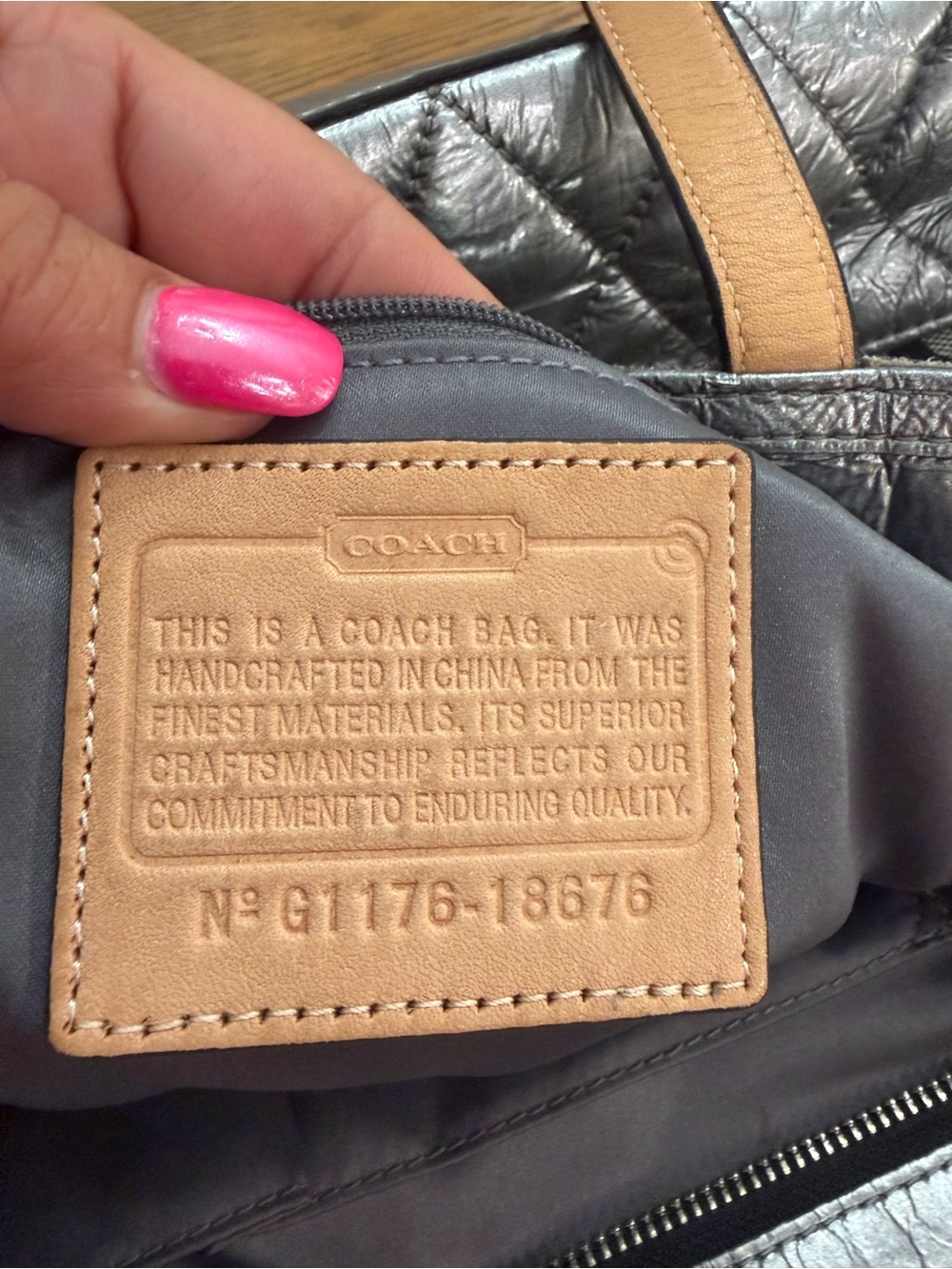 COACH Poppy Metallic Silver Quilted Leather and Black C Logo Canvas - Picture 3 of 14